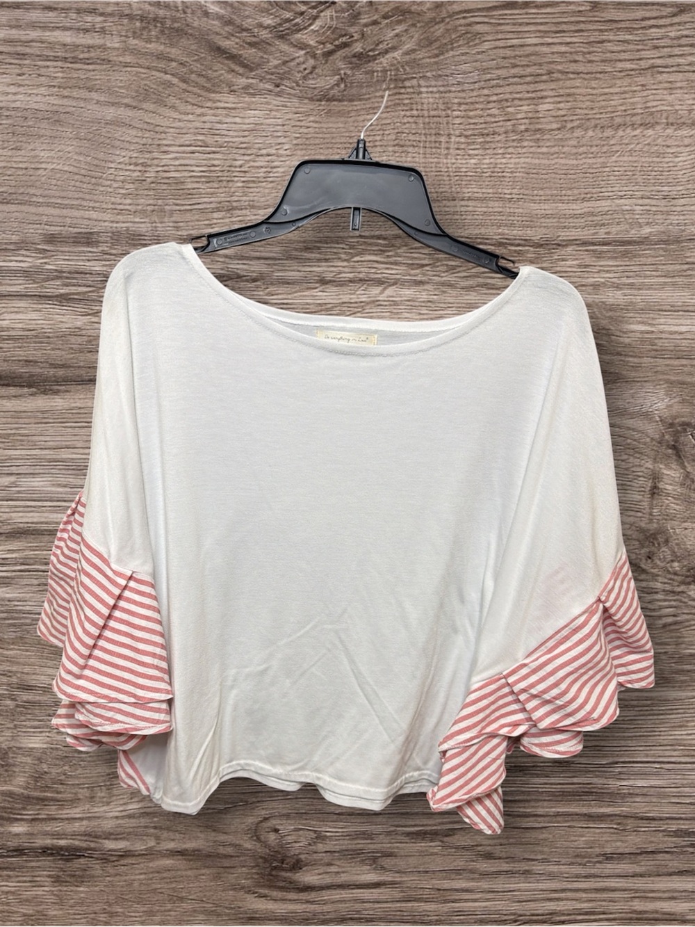 Women’s Cream Boatneck Top with Pink Stripe Accent sleeves. - Picture 2 of 5